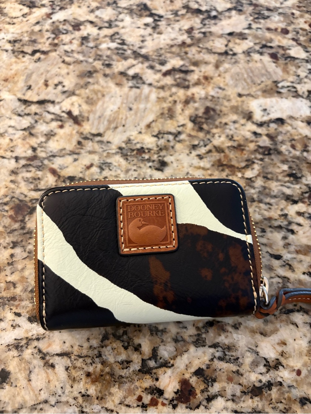Dooney & Bourke Black White Brown Cowhide Zip Card Case